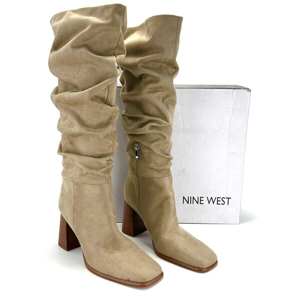 Nine West Domaey Tan Dress Knee High Boot Size 9.5M Suede Slouchy Block Heel NIB - Picture 1 of 12